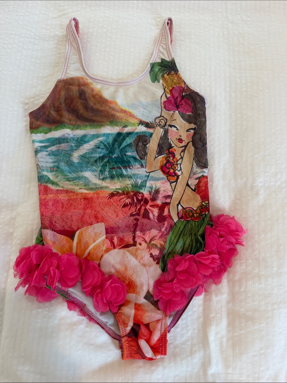 Girls Pink Tropical Hula One-Piece Swimsuit with Floral Trim